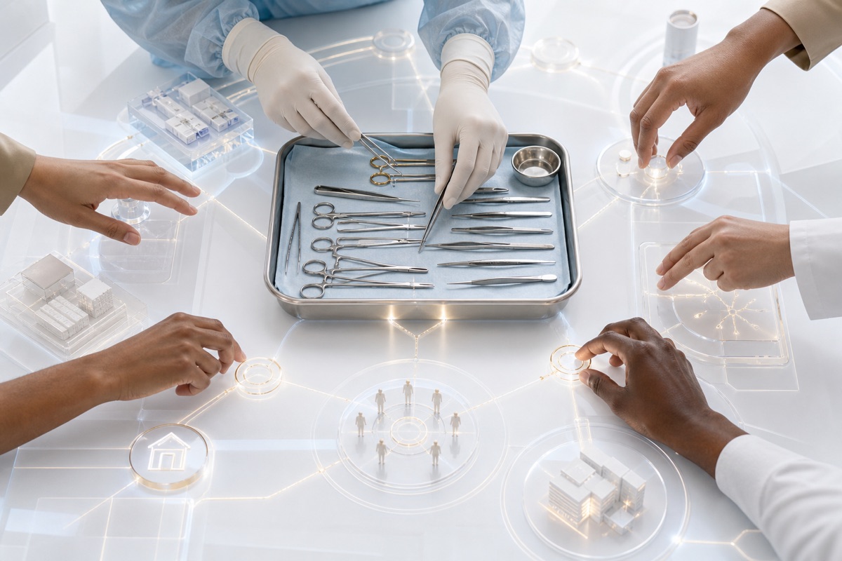 Gloved and ungloved hands coordinate around a procedure setup connected to abstract hospital and workflow symbols.